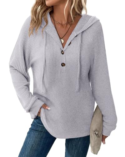 Tanmolo Pullover Damen Hoodie V-Ausschnitt Kapuzenpullover Knopfleiste Leichter Strickpullover Langarm Sweatshirt Tops Hellgrau-Melange, L von Tanmolo