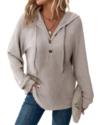 Tanmolo Pullover Damen Hoodie V-Ausschnitt Kapuzenpullover Knopfleiste Leichter Strickpullover Langarm Sweatshirt Tops Khaki-Melange, L von Tanmolo