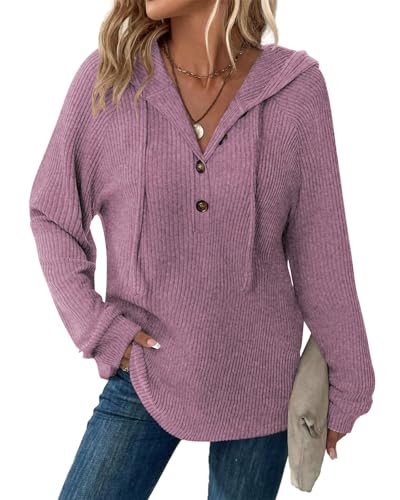 Tanmolo Pullover Damen Hoodie V-Ausschnitt Kapuzenpullover Knopfleiste Leichter Strickpullover Langarm Sweatshirt Tops Rosa-Melange, L von Tanmolo