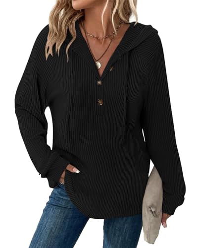 Tanmolo Pullover Damen Hoodie V-Ausschnitt Kapuzenpullover Knopfleiste Leichter Strickpullover Langarm Sweatshirt Tops Schwarz, L von Tanmolo