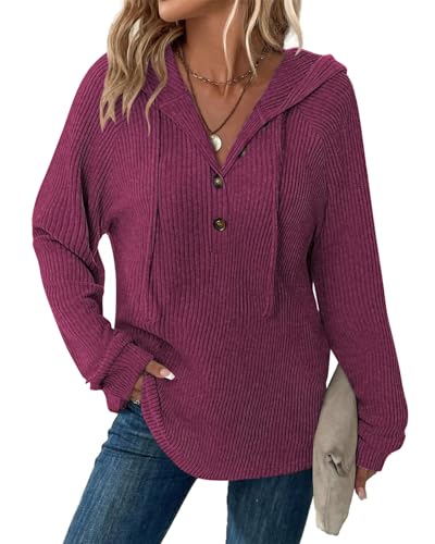 Tanmolo Pullover Damen Hoodie V-Ausschnitt Kapuzenpullover Knopfleiste Leichter Strickpullover Langarm Sweatshirt Tops Violett-Melange, M von Tanmolo