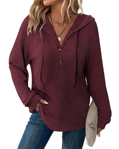 Tanmolo Pullover Damen Hoodie V-Ausschnitt Kapuzenpullover Knopfleiste Leichter Strickpullover Langarm Sweatshirt Tops Weinrot-Melange, L von Tanmolo