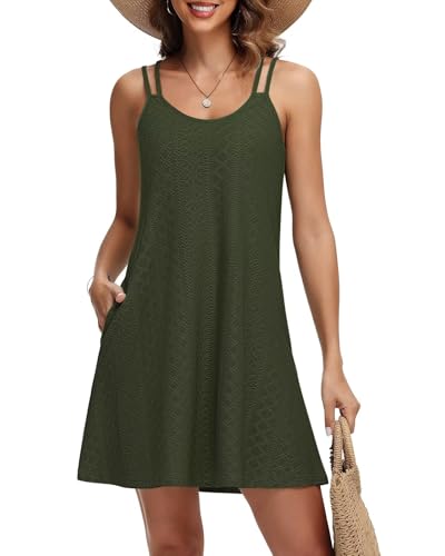 Tanmolo Sommerkleid Damen Strandkleid Spaghettitrger Freizeitkleid Kurz Ärmellos Tank Kleid Leicht und Luftig 2XL Armeegrün von Tanmolo