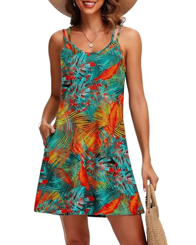 Tanmolo Sommerkleid Damen Strandkleid Spaghettitrger Freizeitkleid Kurz Ärmellos Tank Kleid Leicht und Luftig 2XL Spritzblätter von Tanmolo