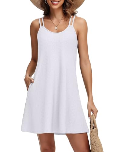 Tanmolo Sommerkleid Damen Strandkleid Spaghettitrger Freizeitkleid Kurz Ärmellos Tank Kleid Leicht und Luftig 2XL Weiß von Tanmolo