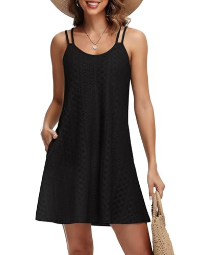 Tanmolo Sommerkleid Damen Strandkleid Spaghettitrger Freizeitkleid Kurz Ärmellos Tank Kleid Leicht und Luftig 3XL Schwarz von Tanmolo