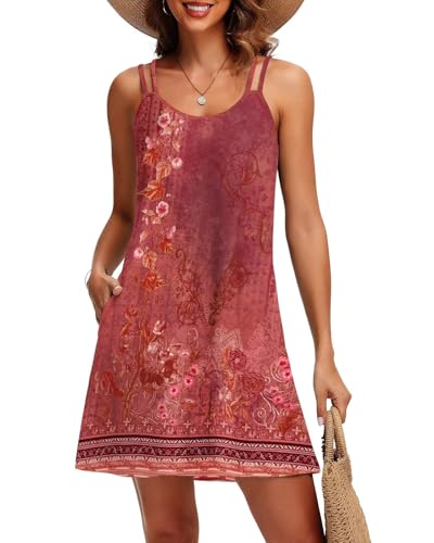 Tanmolo Sommerkleid Damen Strandkleid Spaghettitrger Freizeitkleid Kurz Ärmellos Tank Kleid Leicht und Luftig S Ziegelrot Blume von Tanmolo