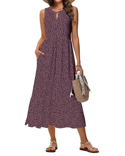 Tanmolo Sommerkleider Damen Lang Maxikleid Damen Kleid A-Linie Strandkleid Mit Rundhals Im Swing-Stil Mit Blumenmuster Ärmelloses Mit Taschen (Altrosa Punkte XL) von Tanmolo