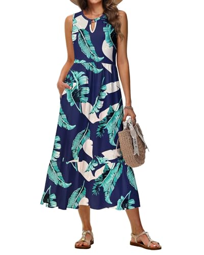 Tanmolo Sommerkleider Damen Lang Maxikleid Damen Kleid A-Linie Strandkleid Mit Rundhals Im Swing-Stil Mit Blumenmuster Ärmelloses Mit Taschen (Blaue Bananenblätter M) von Tanmolo