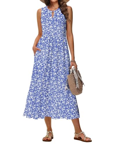 Tanmolo Sommerkleider Damen Lang Maxikleid Damen Kleid A-Linie Strandkleid Mit Rundhals Im Swing-Stil Mit Blumenmuster Ärmelloses Mit Taschen (Blaue Blume L) von Tanmolo