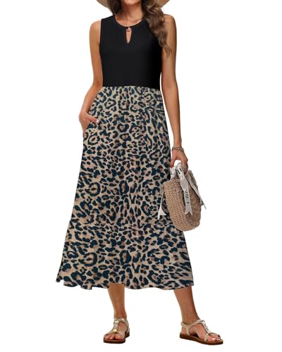 Tanmolo Sommerkleider Damen Lang Maxikleid Damen Kleid A-Linie Strandkleid Mit Rundhals Im Swing-Stil Mit Blumenmuster Ärmelloses Mit Taschen (Leopardprint XL) von Tanmolo