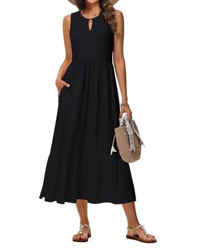 Tanmolo Sommerkleider Damen Lang Maxikleid Damen Kleid A-Linie Strandkleid Mit Rundhals Im Swing-Stil Mit Blumenmuster Ärmelloses Mit Taschen (Schwarz S) von Tanmolo