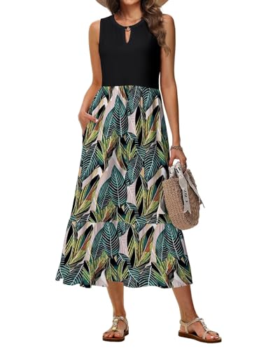 Tanmolo Sommerkleider Damen Lang Maxikleid Damen Kleid A-Linie Strandkleid Mit Rundhals Im Swing-Stil Mit Blumenmuster Ärmelloses Mit Taschen (Schwarze Blätter M) von Tanmolo