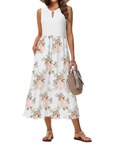 Tanmolo Sommerkleider Damen Lang Maxikleid Damen Kleid A-Linie Strandkleid Mit Rundhals Im Swing-Stil Mit Blumenmuster Ärmelloses Mit Taschen (Weiße Blume L) von Tanmolo