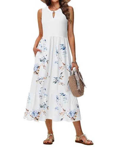 Tanmolo Sommerkleider Damen Lang Maxikleid Damen Kleid A-Linie Strandkleid Mit Rundhals Im Swing-Stil Mit Blumenmuster Ärmelloses Mit Taschen (Weiße Tintenblüten XL) von Tanmolo