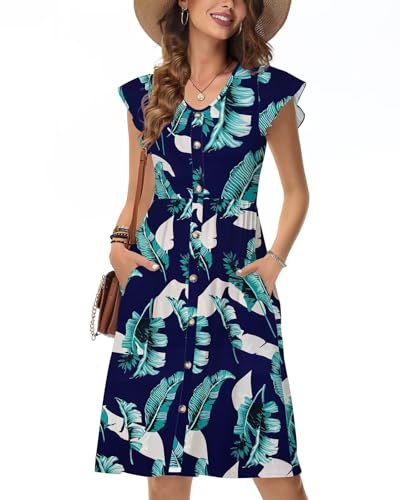 Tanmolo Sommerkleider Damen Leicht Und Luftig, Knielanges Jerseykleid Mit Knöpfen, Strandkleid Mit Blumenmuster Und Taschen (Bananenblatt M) von Tanmolo