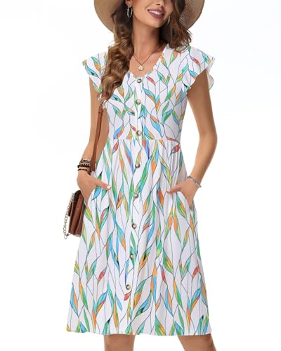 Tanmolo Sommerkleider Damen Leicht Und Luftig, Knielanges Jerseykleid Mit Knöpfen, Strandkleid Mit Blumenmuster Und Taschen (Bunte Blätter XXL) von Tanmolo