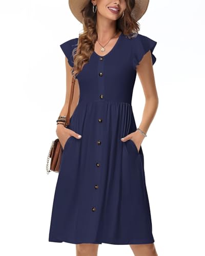 Tanmolo Sommerkleider Damen Leicht Und Luftig, Knielanges Jerseykleid Mit Knöpfen, Strandkleid Mit Blumenmuster Und Taschen (Dunkelblau XL) von Tanmolo
