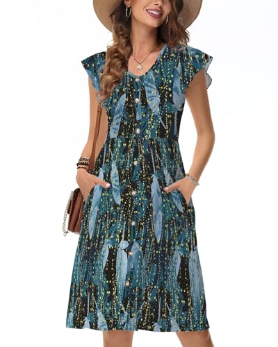 Tanmolo Sommerkleider Damen Leicht Und Luftig, Knielanges Jerseykleid Mit Knöpfen, Strandkleid Mit Blumenmuster Und Taschen (Funkelndes Blätterblau L) von Tanmolo