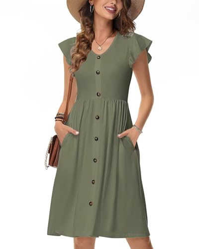 Tanmolo Sommerkleider Damen Leicht Und Luftig, Knielanges Jerseykleid Mit Knöpfen, Strandkleid Mit Blumenmuster Und Taschen (Grün M) von Tanmolo