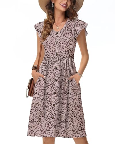 Tanmolo Sommerkleider Damen Leicht Und Luftig, Knielanges Jerseykleid Mit Knöpfen, Strandkleid Mit Blumenmuster Und Taschen (Kleiner Leopardprint M) von Tanmolo