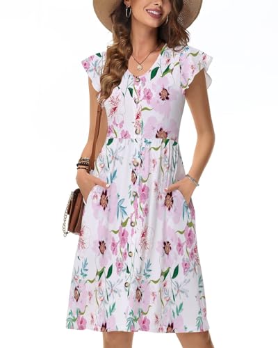 Tanmolo Sommerkleider Damen Leicht Und Luftig, Knielanges Jerseykleid Mit Knöpfen, Strandkleid Mit Blumenmuster Und Taschen (Pfirsichblütenrosa S) von Tanmolo