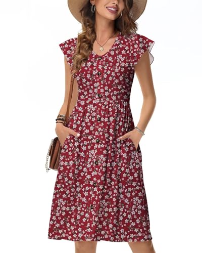 Tanmolo Sommerkleider Damen Leicht Und Luftig, Knielanges Jerseykleid Mit Knöpfen, Strandkleid Mit Blumenmuster Und Taschen (Rote Blüten L) von Tanmolo