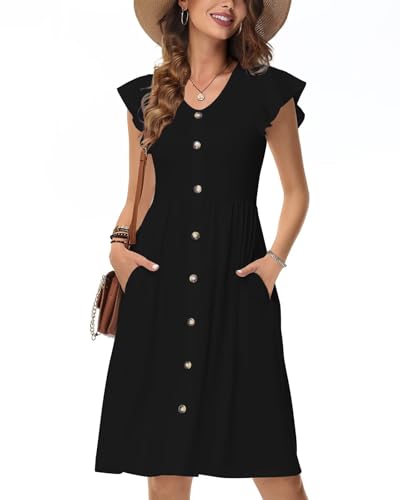 Tanmolo Sommerkleider Damen Leicht Und Luftig, Knielanges Jerseykleid Mit Knöpfen, Strandkleid Mit Blumenmuster Und Taschen (Schwarz XL) von Tanmolo