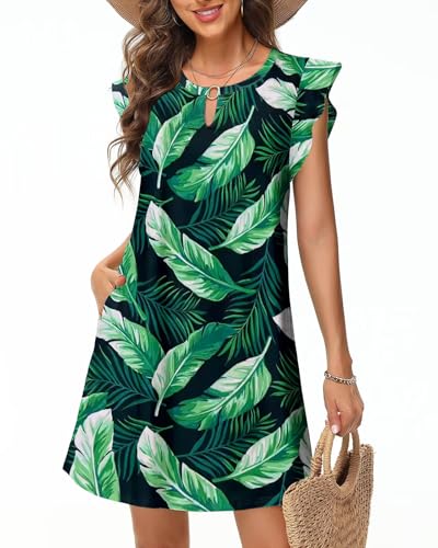Tanmolo Sommerkleider Damen Leicht und Luftig Knielanges Strandkleid im Swing-Stil mit Blumenmuster Ärmelloses mit Taschen (Bananenblatt L) von Tanmolo