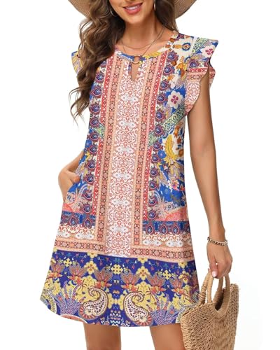 Tanmolo Sommerkleider Damen Leicht und Luftig Knielanges Strandkleid im Swing-Stil mit Blumenmuster Ärmelloses mit Taschen (Boho-Rosa L) von Tanmolo