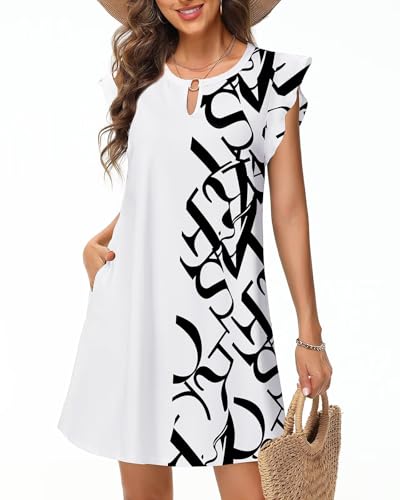 Tanmolo Sommerkleider Damen Leicht und Luftig Knielanges Strandkleid im Swing-Stil mit Blumenmuster Ärmelloses mit Taschen (Buchstaben-Patchwork M) von Tanmolo