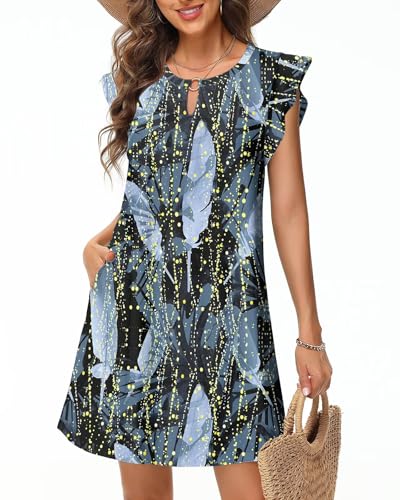 Tanmolo Sommerkleider Damen Leicht und Luftig Knielanges Strandkleid im Swing-Stil mit Blumenmuster Ärmelloses mit Taschen (Funkelndes Blätterblau XXL) von Tanmolo
