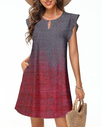Tanmolo Sommerkleider Damen Leicht und Luftig Knielanges Strandkleid im Swing-Stil mit Blumenmuster Ärmelloses mit Taschen (Gradient Grau-Rot XXL) von Tanmolo