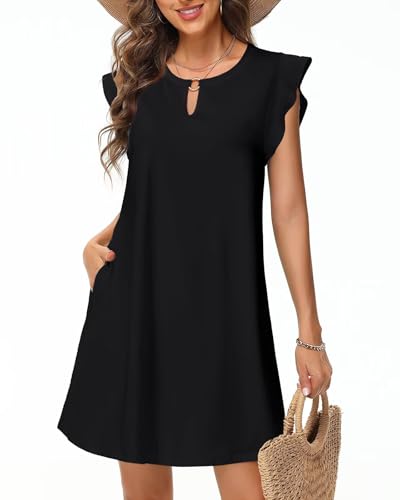 Tanmolo Sommerkleider Damen Leicht und Luftig Knielanges Strandkleid im Swing-Stil mit Blumenmuster Ärmelloses mit Taschen (Schwarz XXL) von Tanmolo