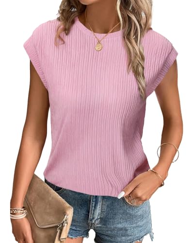 Tanmolo T-Shirt Damen Oberteile Sommer Tank Top mit Flügelärmeln Rundhals Strukturiertes Strickmaterial Unifarben Basic Bluse Elegant Casual Rosa, XXL von Tanmolo