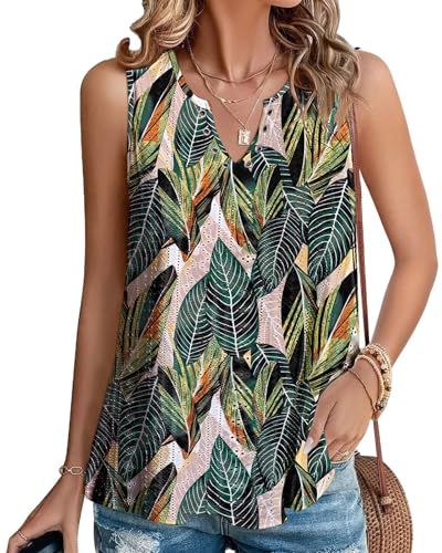 Tanmolo Top Damen Sommer Tank Top Elegant Ärmellos Ring-Loch V-Ausschnitt locker Oberteile Blatt-Kunstwerke, L von Tanmolo