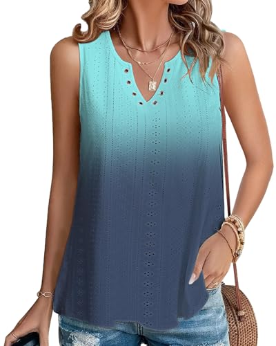 Tanmolo Top Damen Sommer Tank Top Elegant Ärmellos Ring-Loch V-Ausschnitt locker Oberteile Blau-Farbverlauf, L von Tanmolo