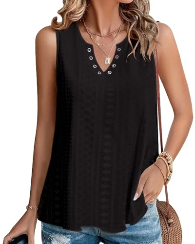 Tanmolo Top Damen Sommer Tank Top Elegant Ärmellos Ring-Loch V-Ausschnitt locker Oberteile Schwarz, M von Tanmolo