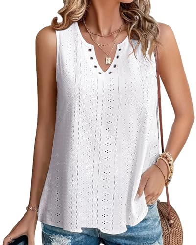 Tanmolo Top Damen Sommer Tank Top Elegant Ärmellos Ring-Loch V-Ausschnitt locker Oberteile Weiß, XXL von Tanmolo