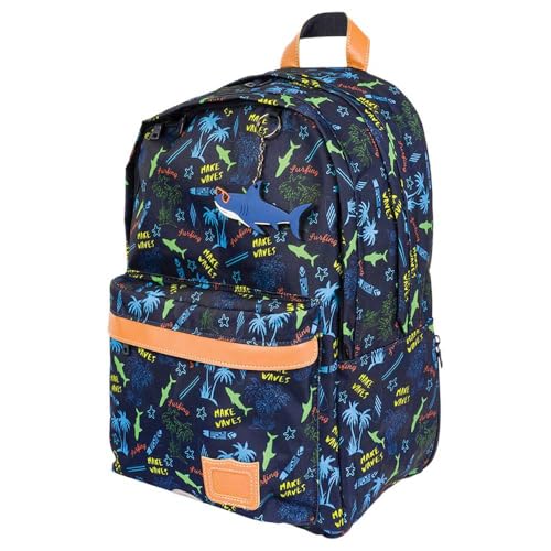 Tann's - Rucksack L Sevan Marineblau – bedruckt mit tropischen Haien und Palmen – Schulrucksack für Jungen, 2 Fächer aus recyceltem Polyester – CM1 CM2 College von Tann's