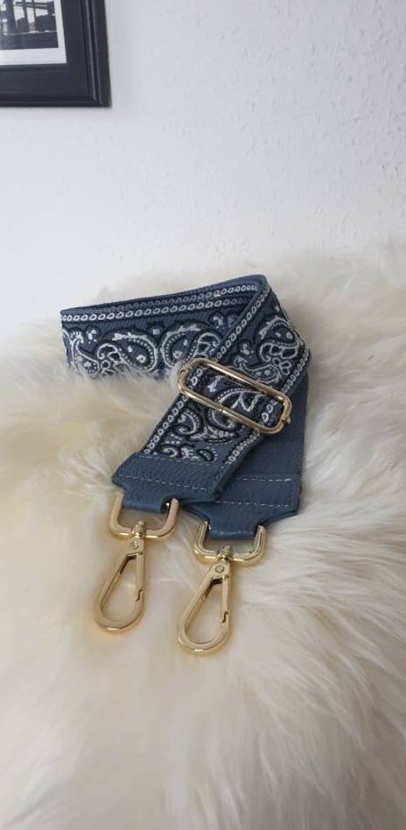 Schultergurt Crossbody Taschengurt 5cm Jeansblau Weiße Applikationen | Goldene Beschläge Abendtasche Freundin Geschenkidee Mutter Mama von TannisDesignHouse