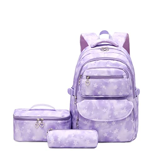 Tanou Schulrucksack Mädchen 3 Stk mit Lunchtasche Federmäppchen, Atmungsaktives Leichtgewicht Schultasche Teenager Mädchen für 3-9 Klasse, 22 Liter Rucksack Schule für Reisen, Lila von Tanou