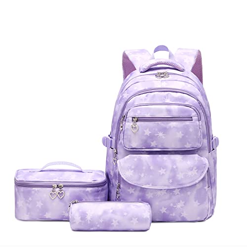 Tanou Schulrucksack Mädchen 3 STK mit Lunchtasche Federmäppchen, Atmungsaktives Leichtgewicht Schultasche Teenager Mädchen für 3-9 Klasse, 22 Liter Rucksack Schule für Reisen, Lila von Tanou