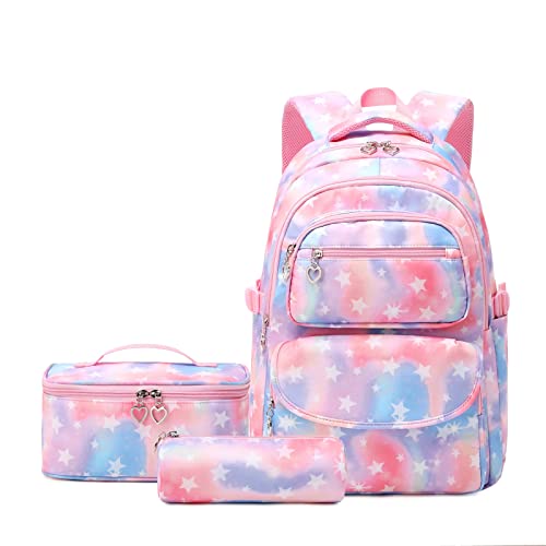 Tanou Schulrucksack Mädchen 3 STK mit Lunchtasche Federmäppchen, Atmungsaktives Leichtgewicht Schultasche Teenager Mädchen für 3-9 Klasse, 22 Liter Rucksack Schule für Reisen, Rosa von Tanou