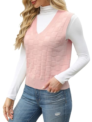 Damen Gestricktes Tank Top V-Ausschnitt Kariertemuster Strickweste Eleganter Freizeit Weicher Herbst Pullover Rosa L 46-48 von Tanou