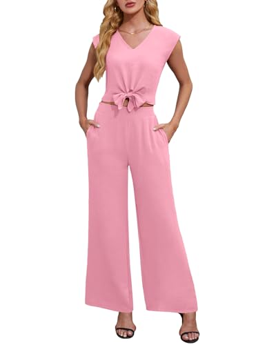 Damen Loungewear-Set V-Ausschnitt Kappe Ärmel Geknotet Elastic Weite Bein mit Taschen Zweiteiler Damen Frezeit Anzug Outfits Rosa L 42-44 von Tanou