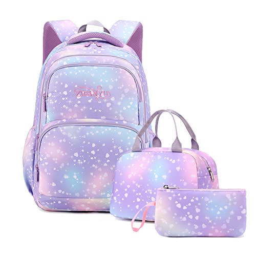 Tanou Mädchen 3PCS Herz Druck Schulrucksack Mädchen Set, Grundschule Kinder Büchertasche mit Mittagessen Tasche Bleistift Box, 3 in 1 Leichte Schultasche, Lila Liebe von Tanou