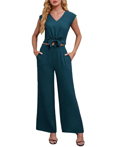 Sommerhose mit Kurzer Tanktop Damen Zweiteiler Set Elastisch Weite Bein mit Taschen Frezeit Going-Outfits Türkisgrün XL 46-48 von Tanou