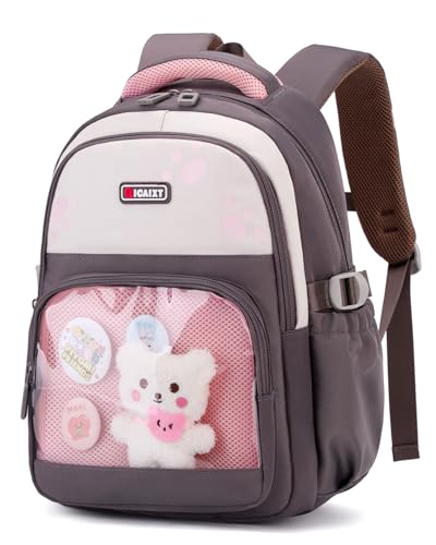 Tanou Rucksack Mädchen Kinder Schultasche, 19L Ergonomischer Schulrucksack für Mädchen 1. bis 3. Klasse, Modischer Nylon Kinderrucksack mit Reflektorstreifen, Grau Rosa von Tanou