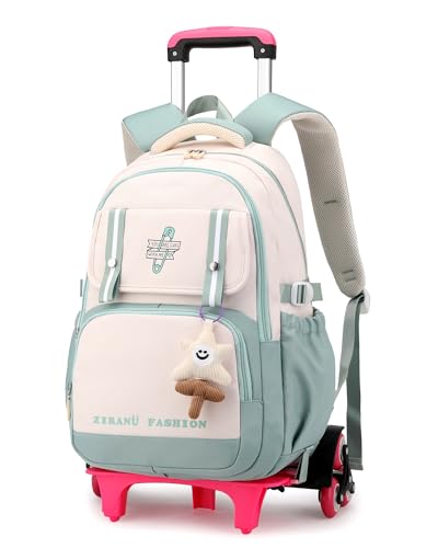 Tanou Rucksack mit 6 Rollen, Robuster Kinder Schulranzen mit Rollen für Mädchen, Abnehmbare Trolley Schulrucksack mit Anhänger für die Schule Reise, 16 Zoll, 1-5.Klasse, Grün von Tanou